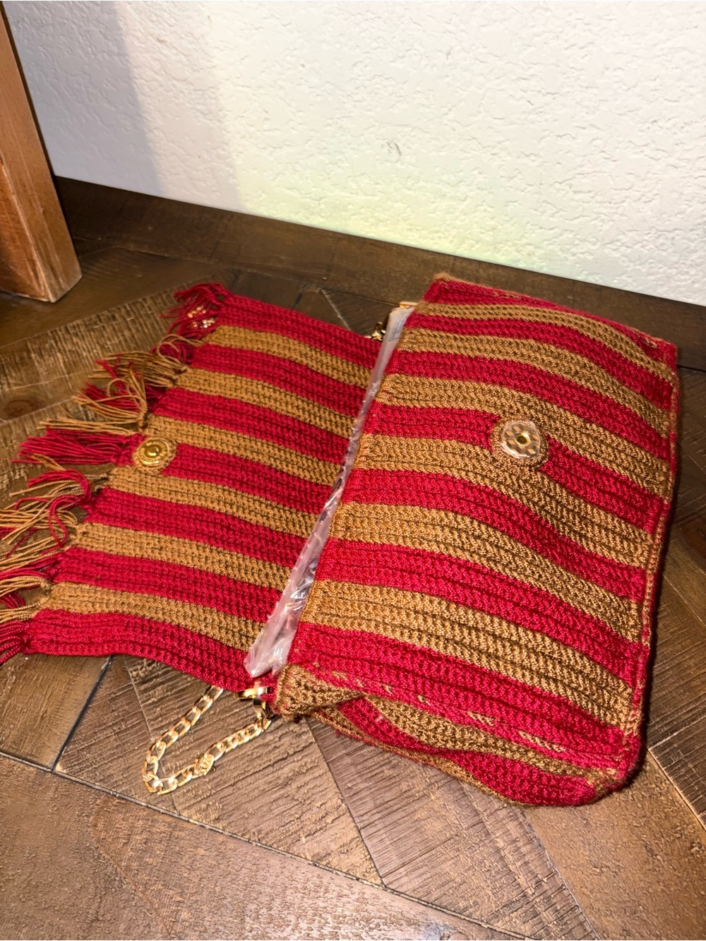 Striped Red and Brown Fringe Crossbody Bag with Gold Chain - Picture 2 of 6